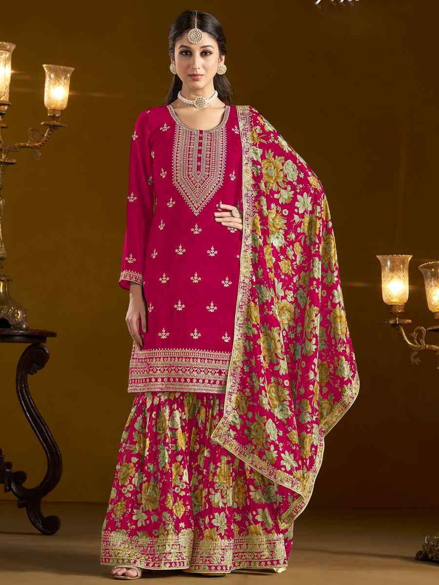 Pink Chinon Embroidered Festival Wedding Sharara Pant Salwar Kameez