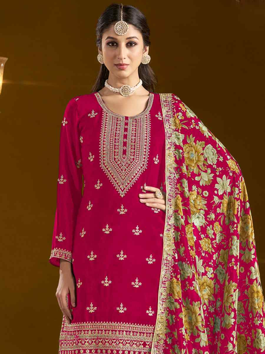 Pink Chinon Embroidered Festival Wedding Sharara Pant Salwar Kameez