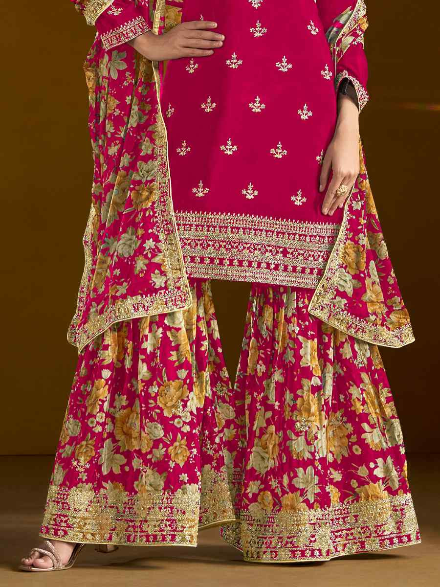 Pink Chinon Embroidered Festival Wedding Sharara Pant Salwar Kameez