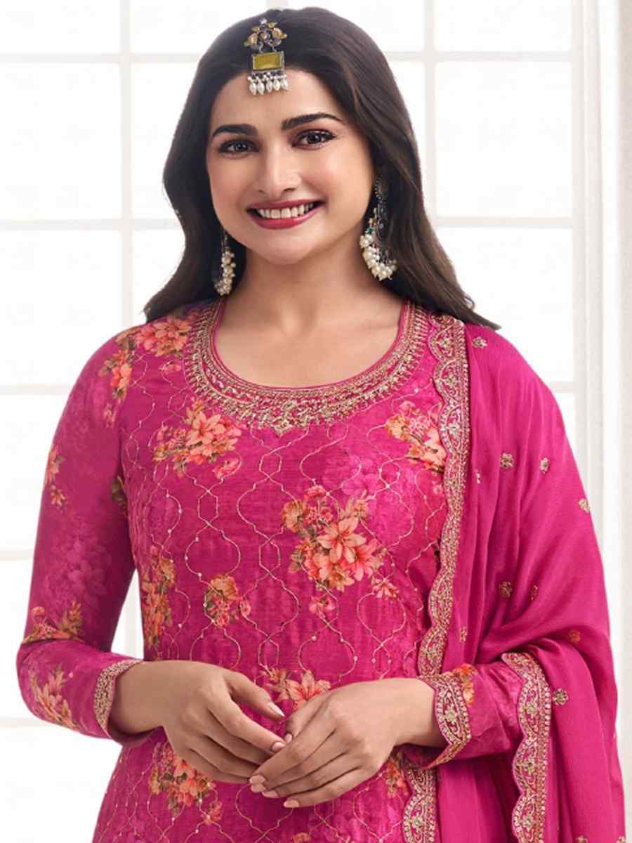 Pink Chinon Embroidered Festival Wedding Sharara Pant Salwar Kameez