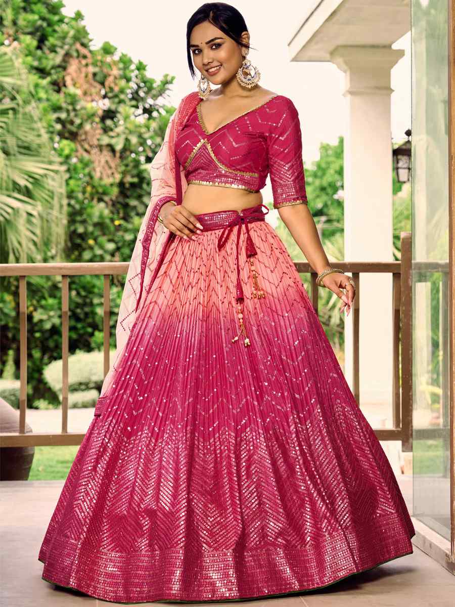 Pink Chinon Embroidered Reception Wedding Heavy Border Lehenga Choli