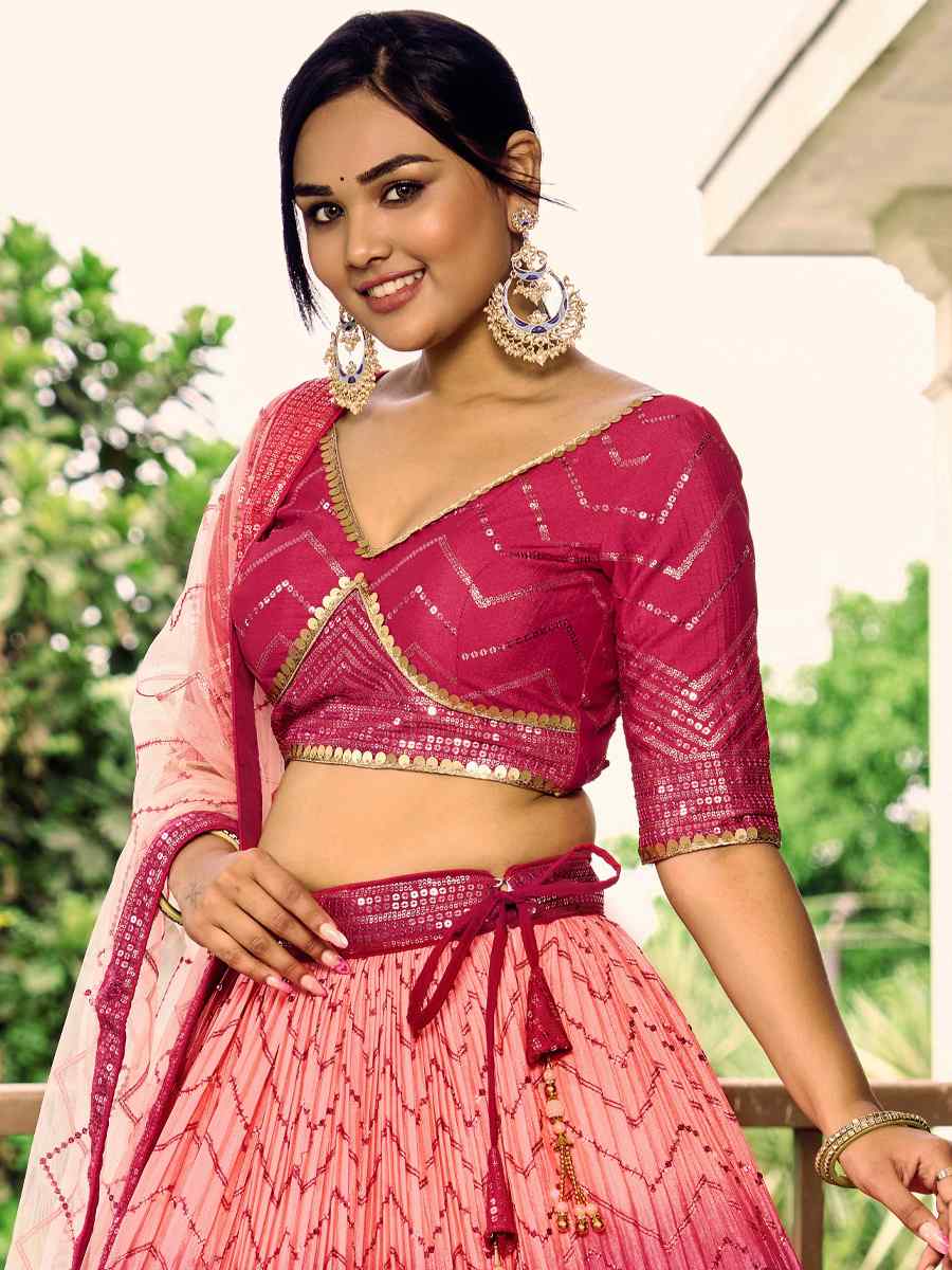 Pink Chinon Embroidered Reception Wedding Heavy Border Lehenga Choli