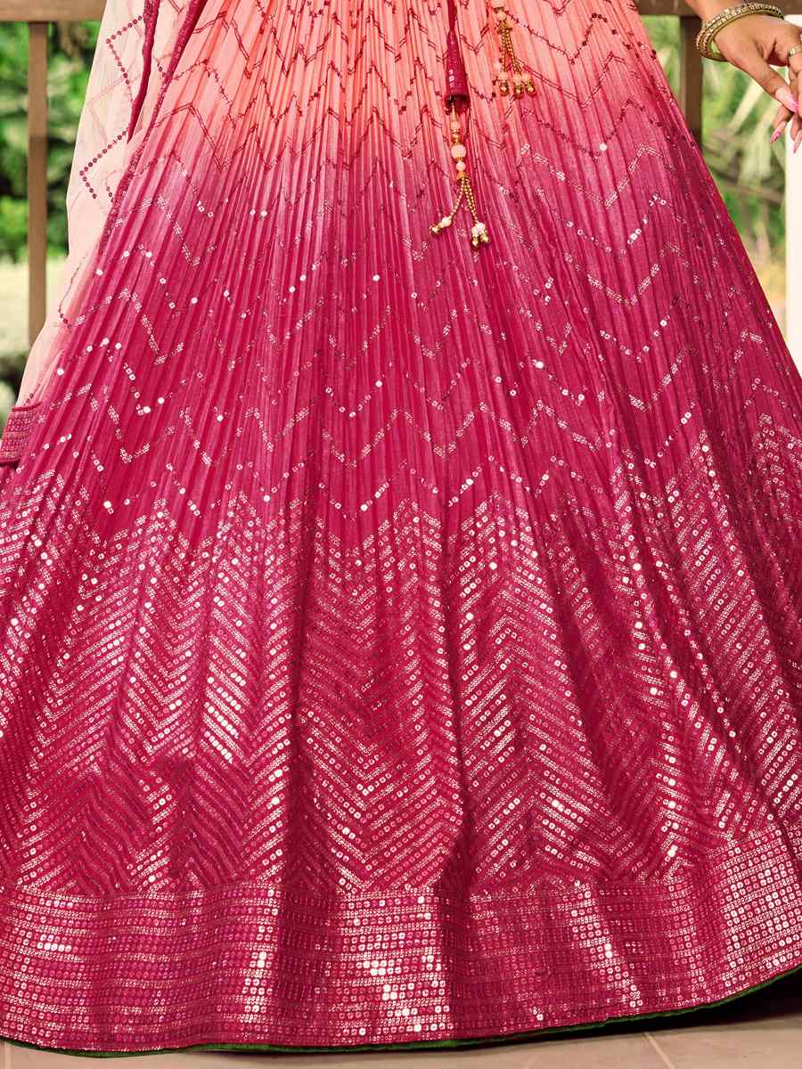 Pink Chinon Embroidered Reception Wedding Heavy Border Lehenga Choli