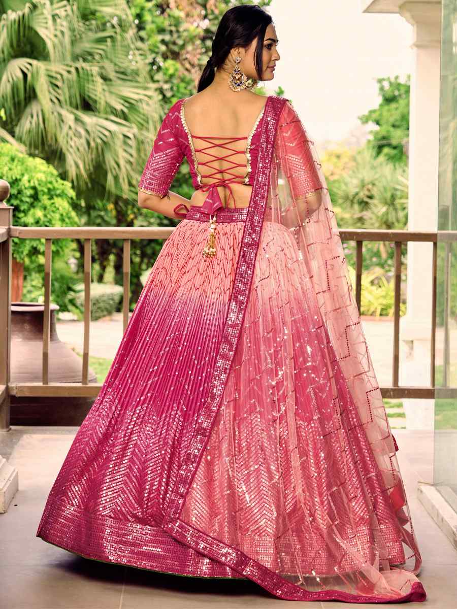 Pink Chinon Embroidered Reception Wedding Heavy Border Lehenga Choli