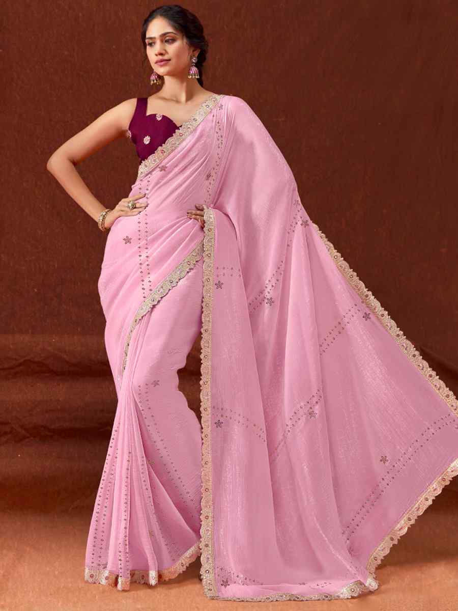 Pink Chinon Embroidered Wedding Festival Heavy Border Saree