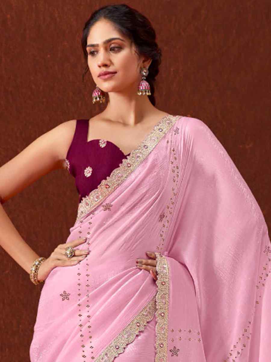 Pink Chinon Embroidered Wedding Festival Heavy Border Saree