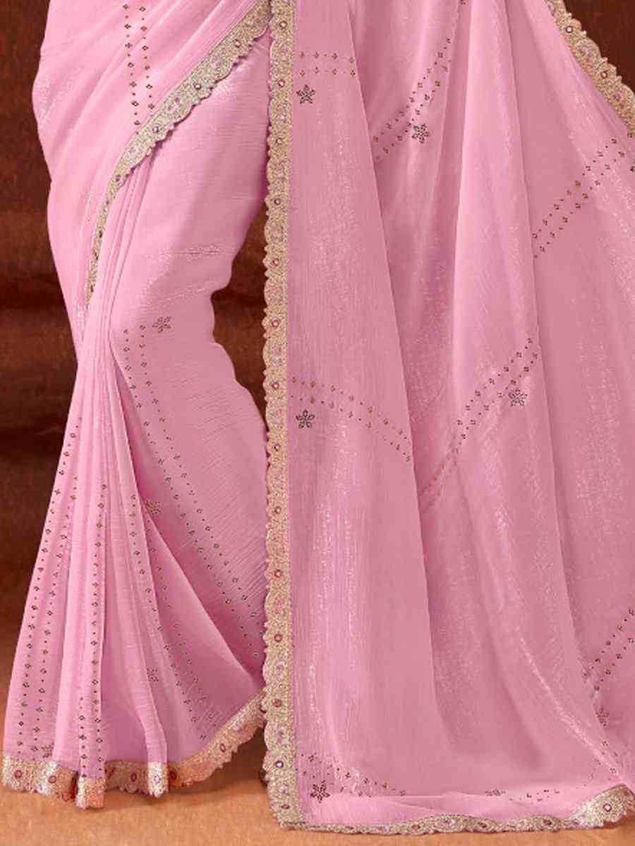 Pink Chinon Embroidered Wedding Festival Heavy Border Saree