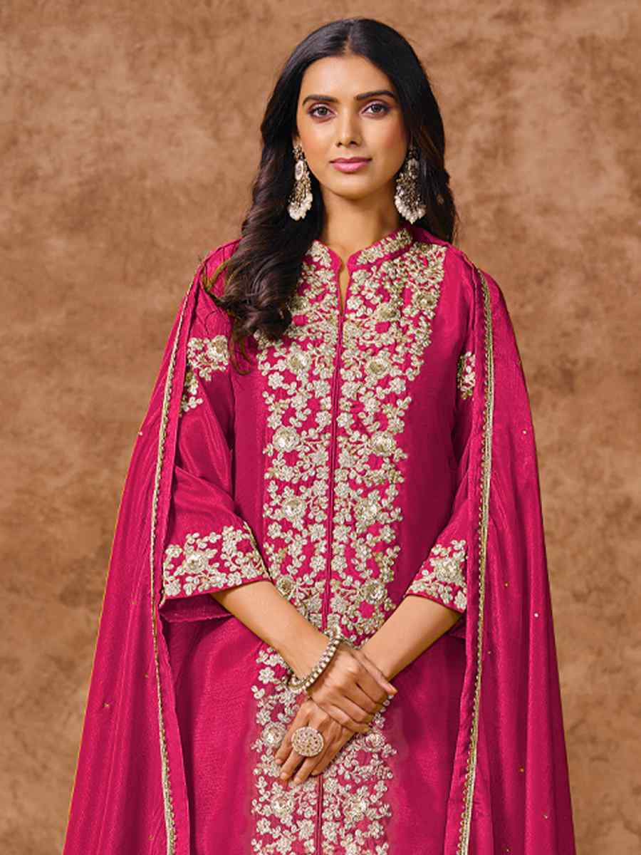 Pink Chinon Silk Embroidered Festival Wedding Ready Palazzo Pant Salwar Kameez