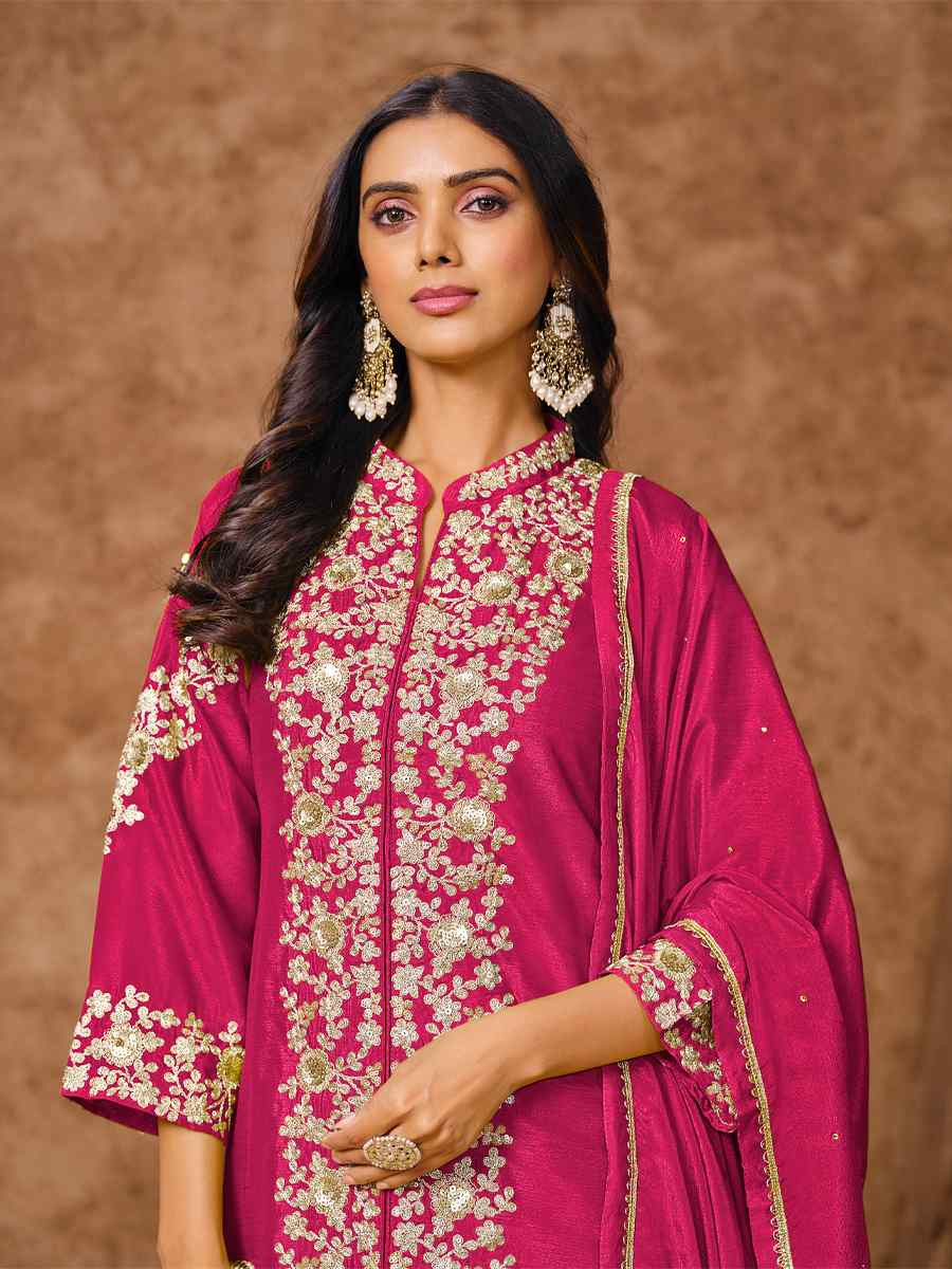 Pink Chinon Silk Embroidered Festival Wedding Ready Palazzo Pant Salwar Kameez