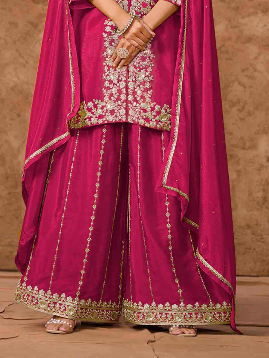 Pink Chinon Silk Embroidered Festival Wedding Ready Palazzo Pant Salwar Kameez