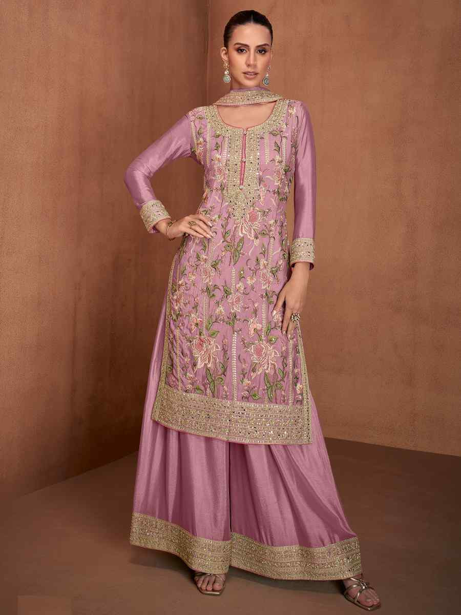 Pink Chinon Silk Embroidered Festival Wedding Ready Palazzo Pant Salwar Kameez