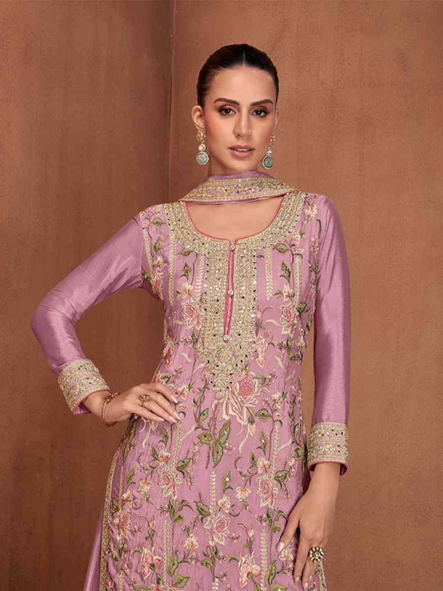 Pink Chinon Silk Embroidered Festival Wedding Ready Palazzo Pant Salwar Kameez