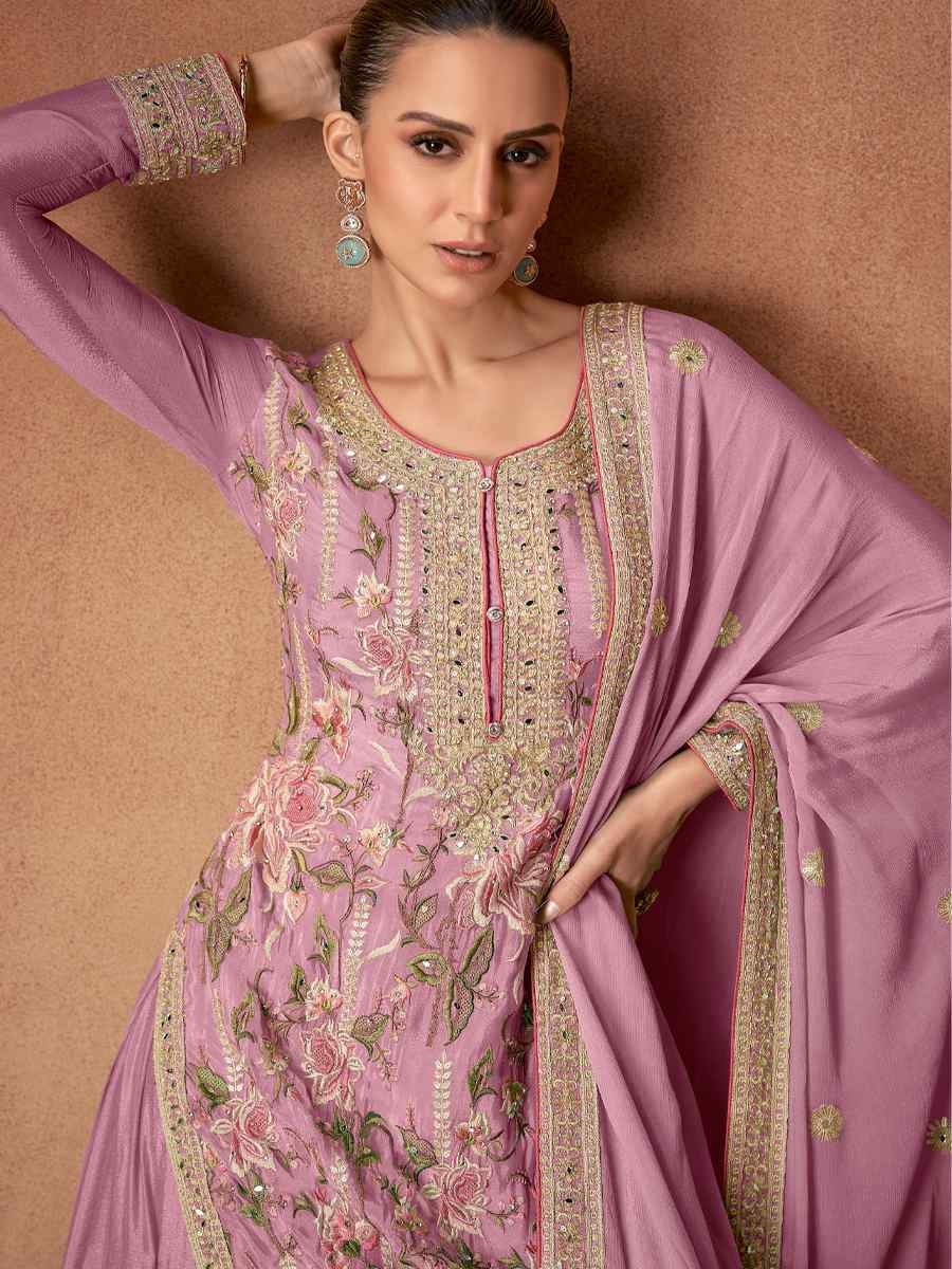 Pink Chinon Silk Embroidered Festival Wedding Ready Palazzo Pant Salwar Kameez