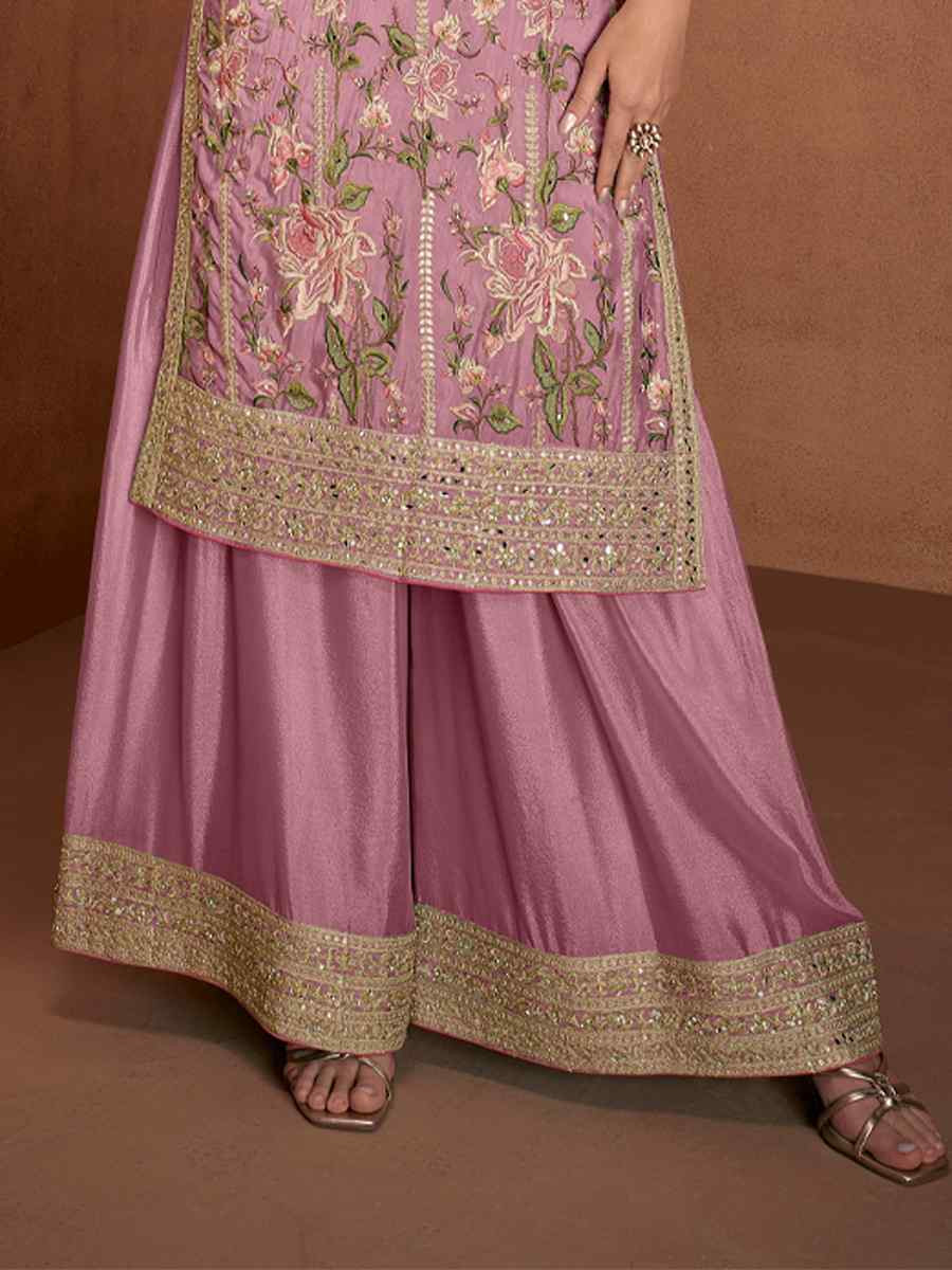 Pink Chinon Silk Embroidered Festival Wedding Ready Palazzo Pant Salwar Kameez