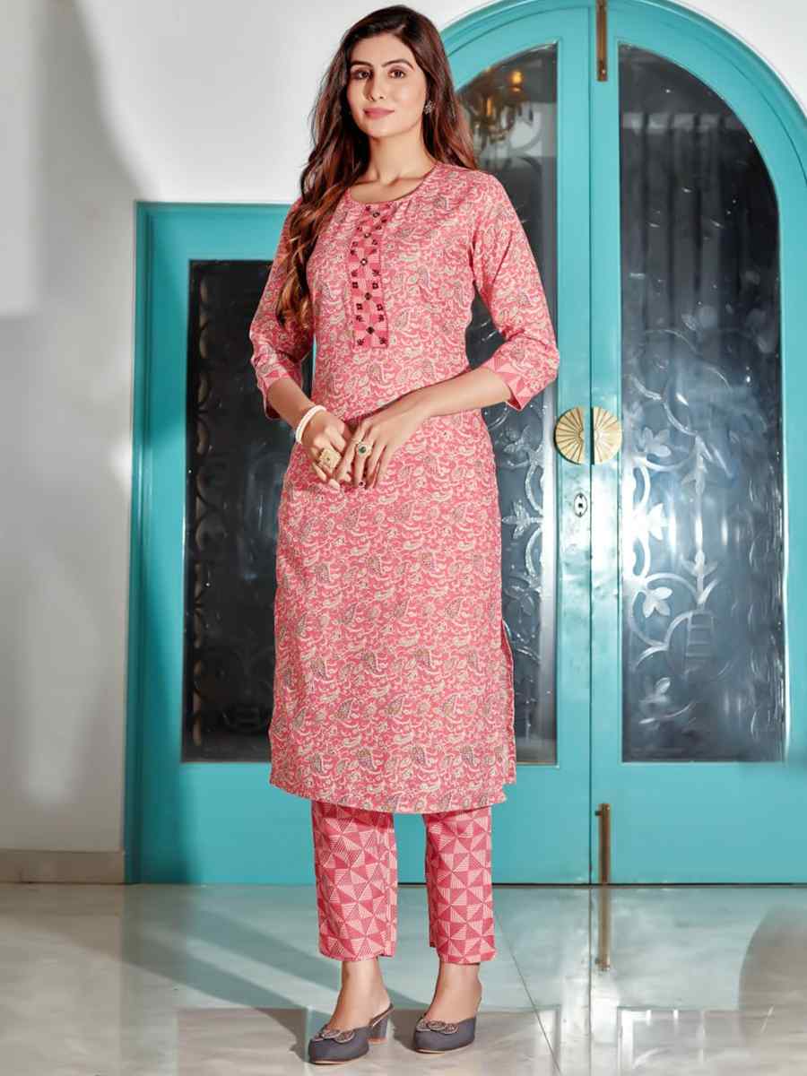 Pink Cotton Blend Embroidered Festival Casual Kurti with Bottom