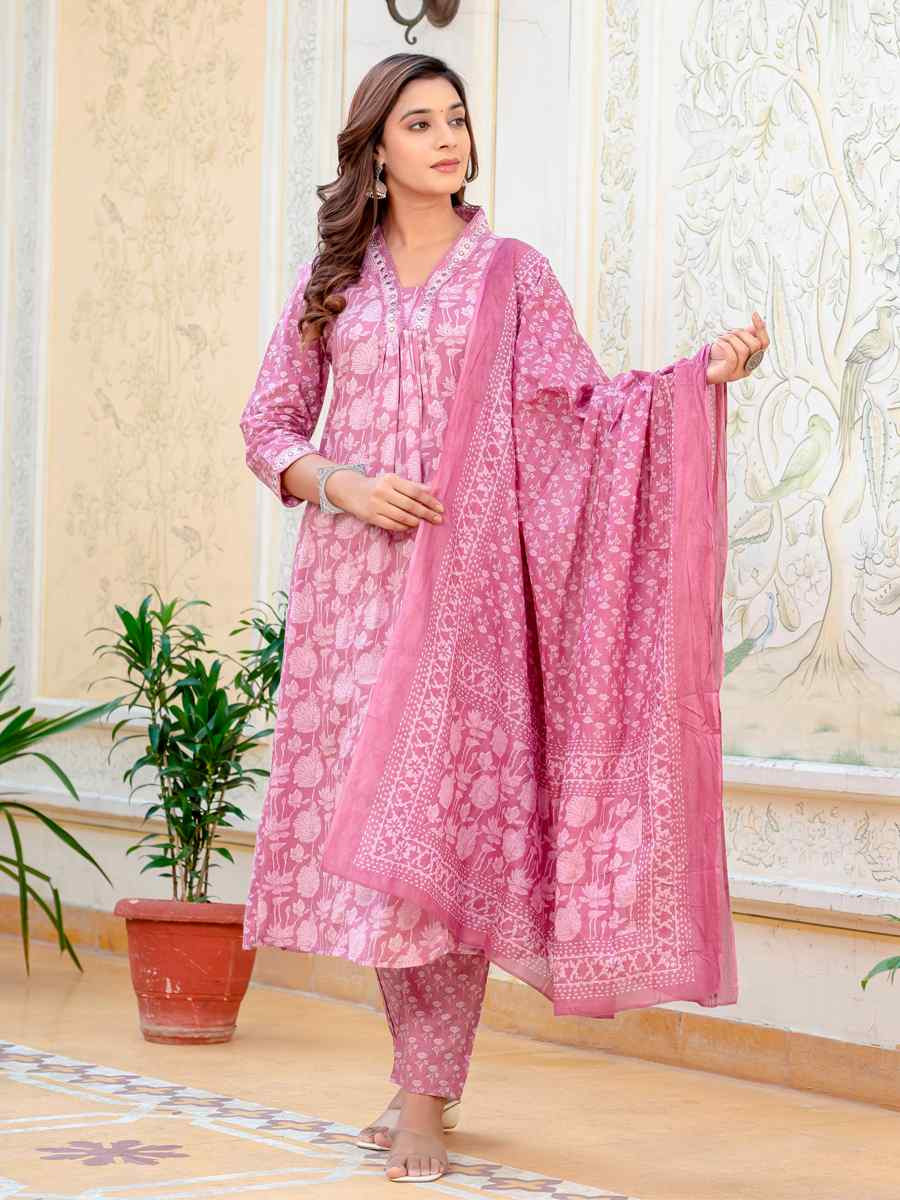 Pink Cotton Embroidered Festival Casual Pant Salwar Kameez