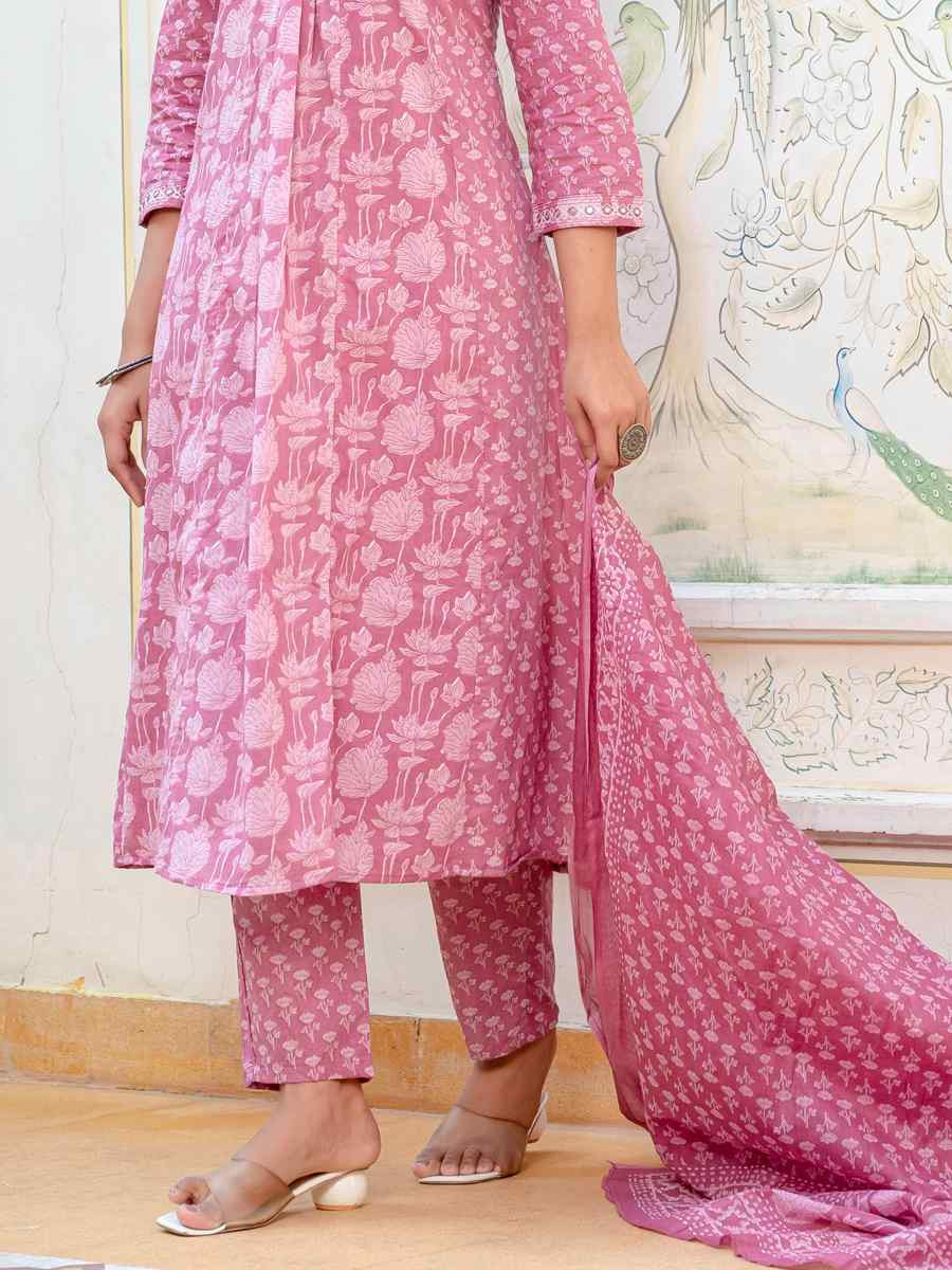 Pink Cotton Embroidered Festival Casual Pant Salwar Kameez