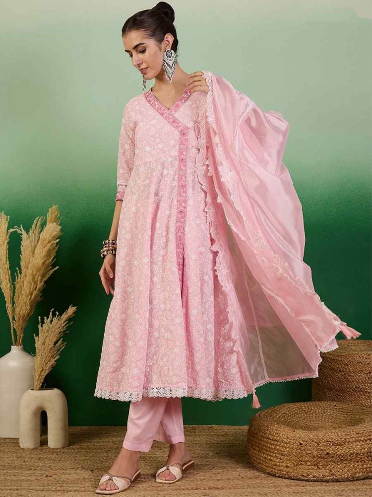 Pink Cotton Embroidered Festival Casual Ready Pant Salwar Kameez