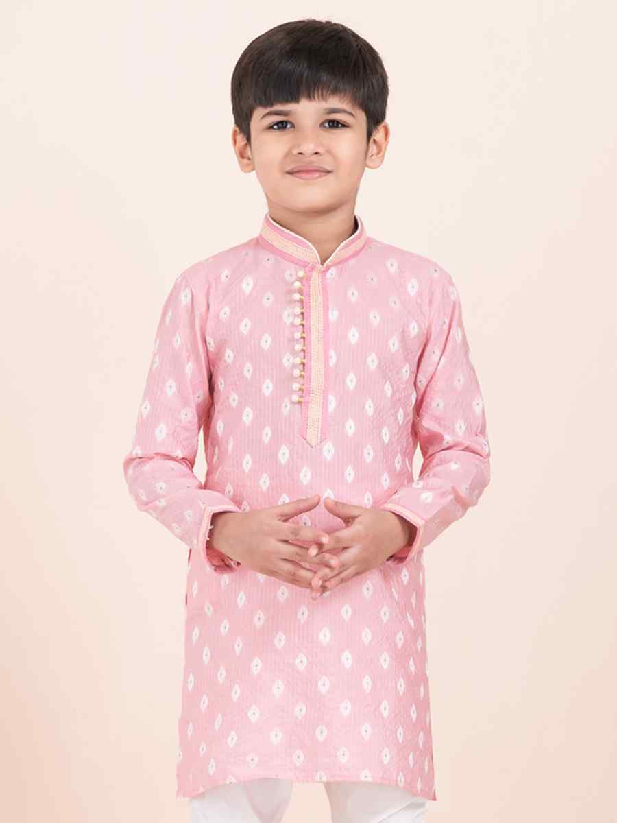 Pink Cotton Embroidered Festival Traditional Kurta Pyjama Boys Wear