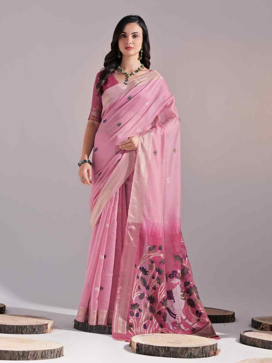 Pink Cotton Handwoven Festival Casual Classic Style Saree