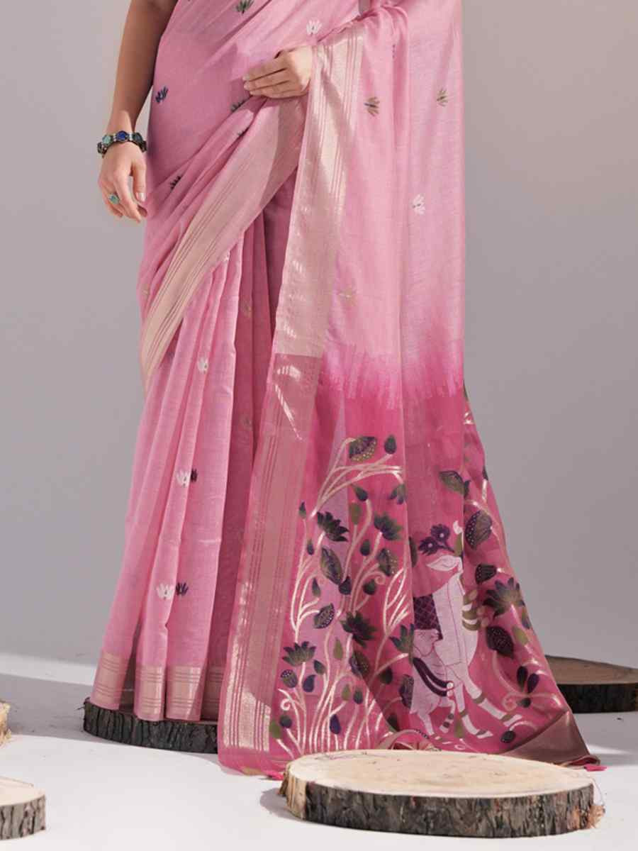 Pink Cotton Handwoven Festival Casual Classic Style Saree