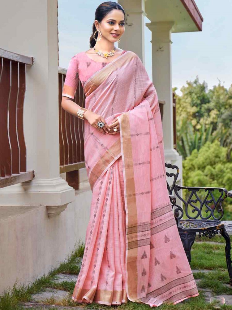 Pink Cotton Handwoven Festival Casual Classic Style Saree