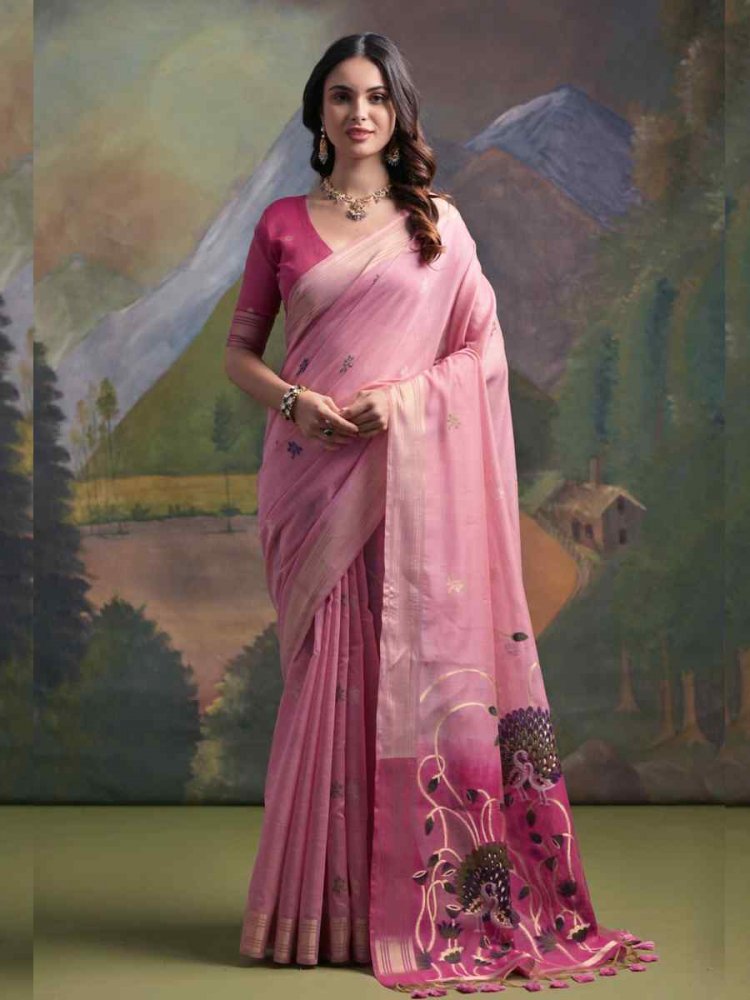 Pink Cotton Handwoven Festival Casual Classic Style Saree