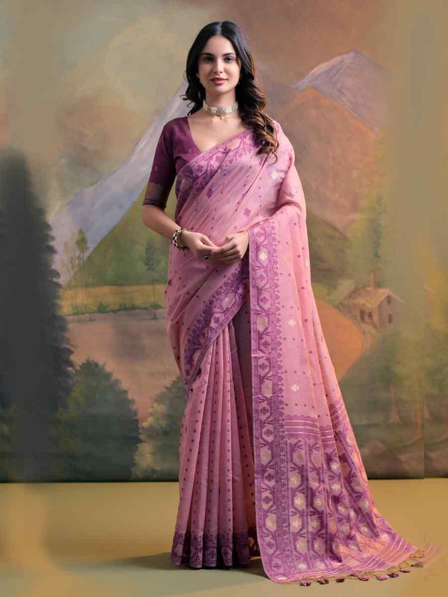 Pink Cotton Handwoven Festival Wedding Heavy Border Saree