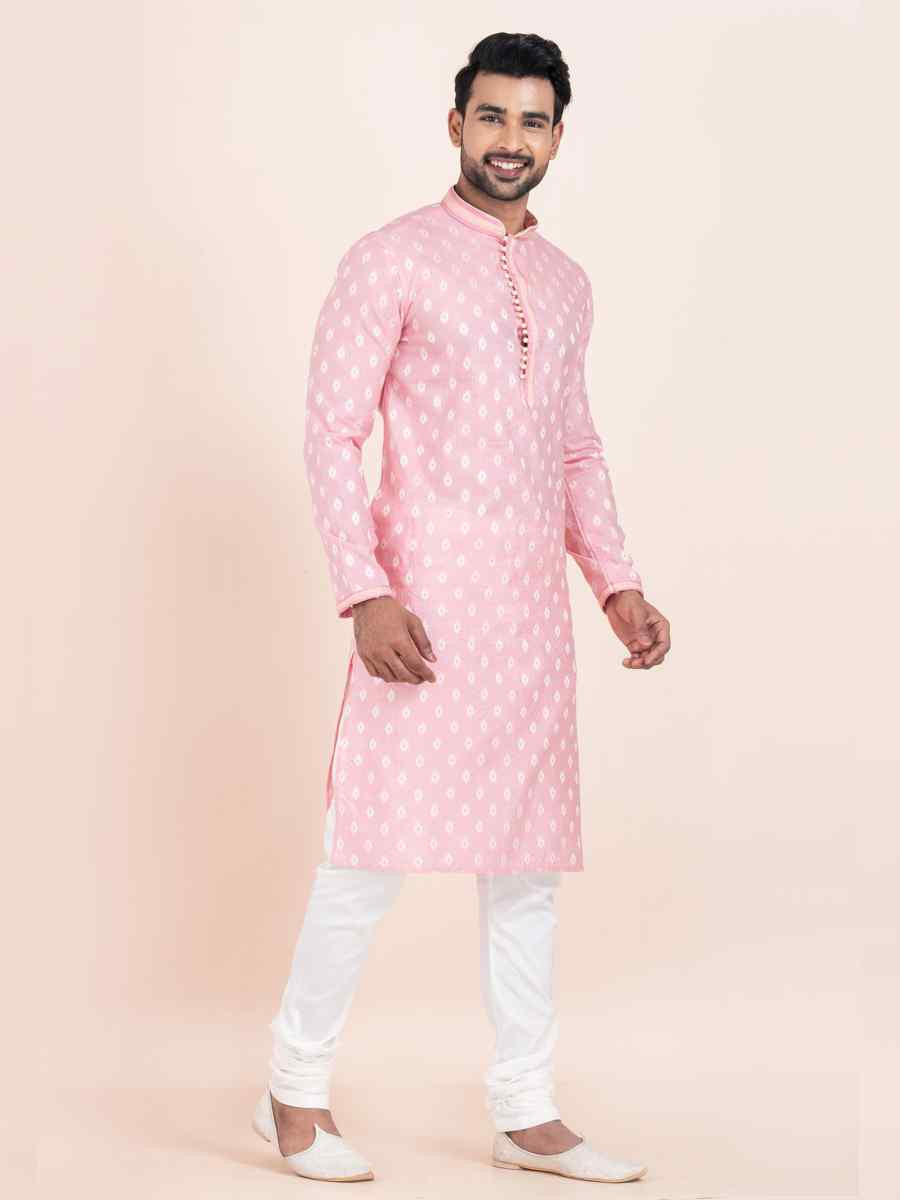 Pink Cotton Jacquard Printed Festival Wedding Kurta Pyjama Men's Wear