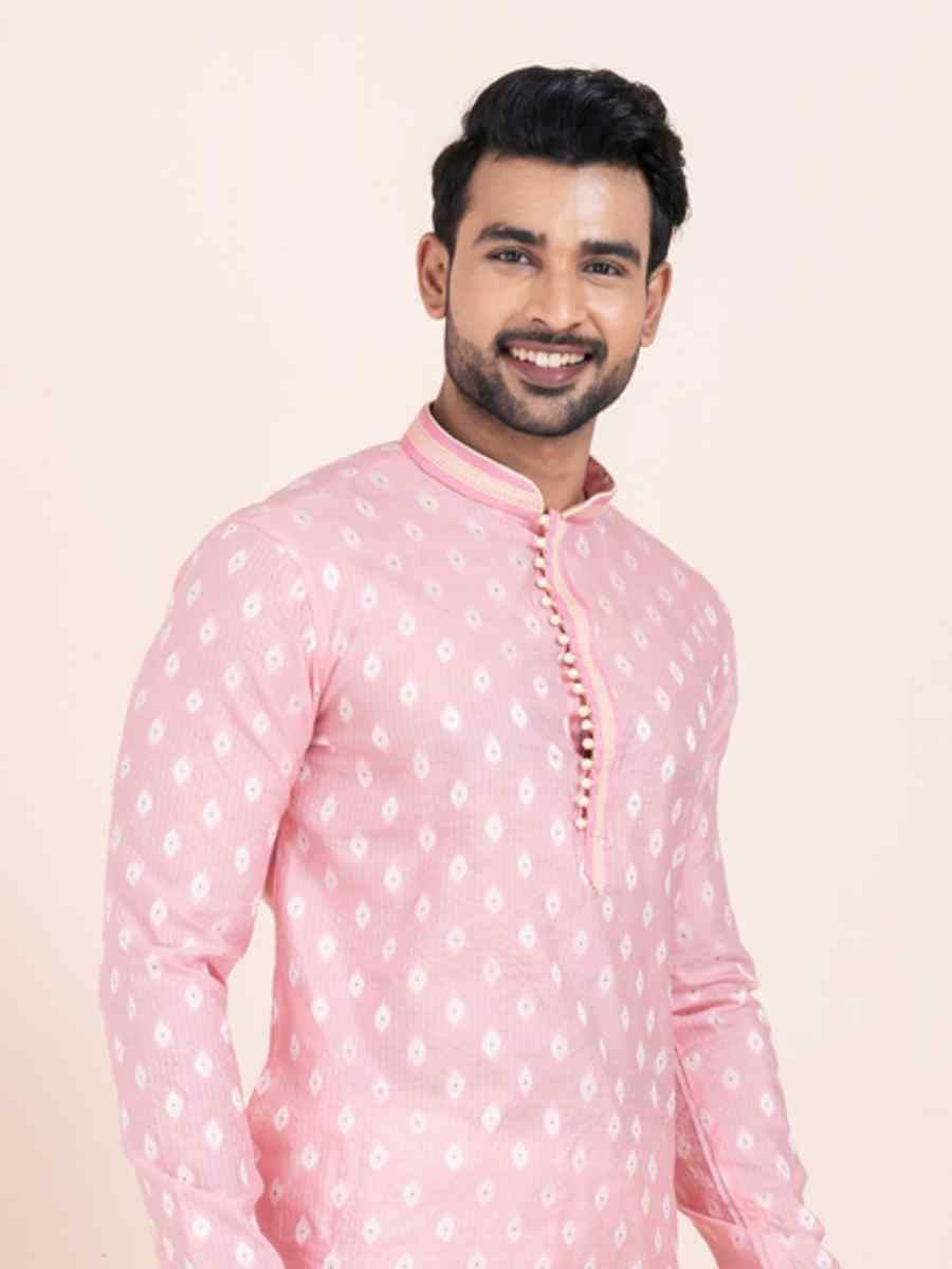 Pink Cotton Jacquard Printed Festival Wedding Kurta Pyjama Men's Wear