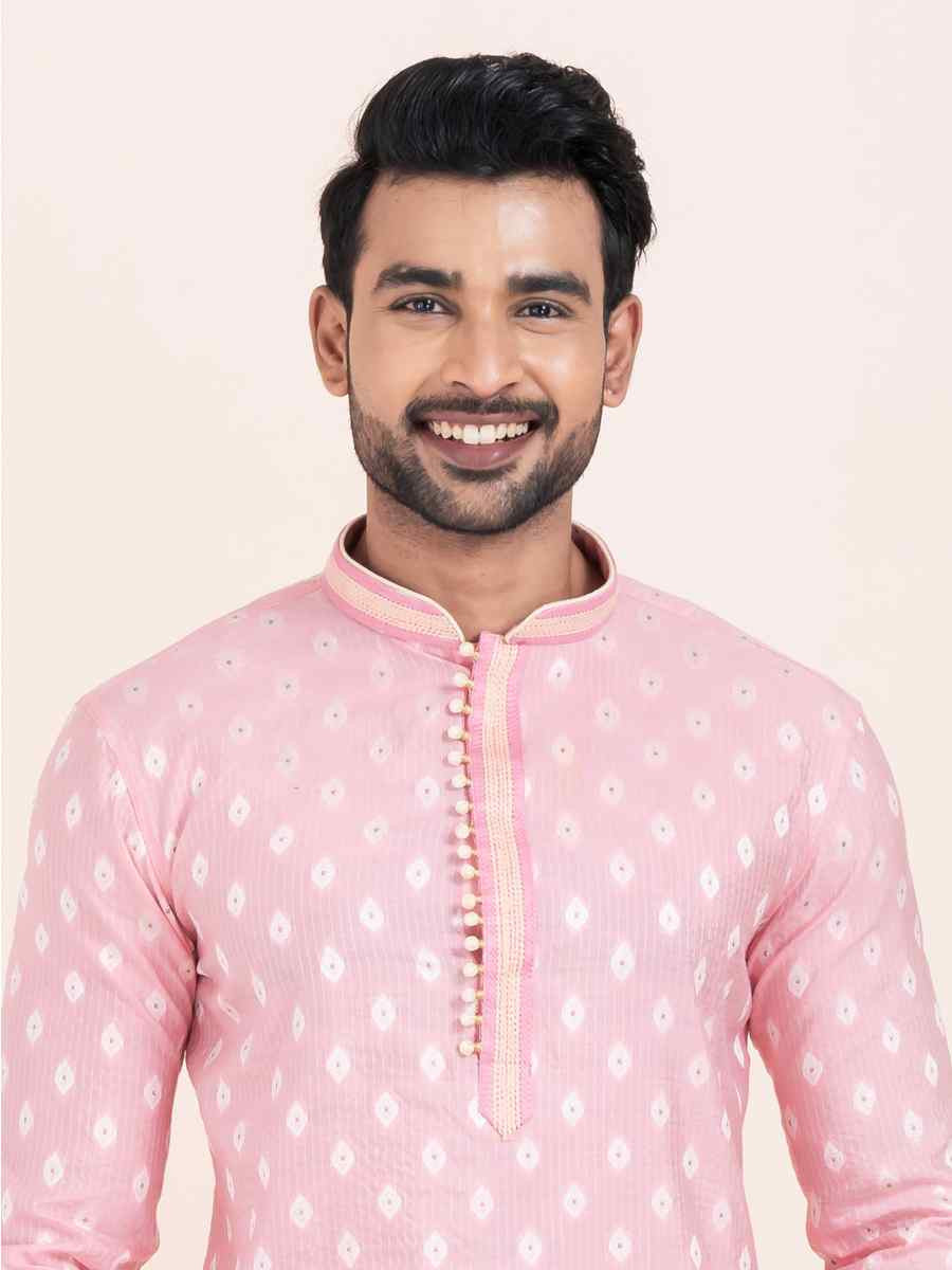 Pink Cotton Jacquard Printed Festival Wedding Kurta Pyjama Men's Wear