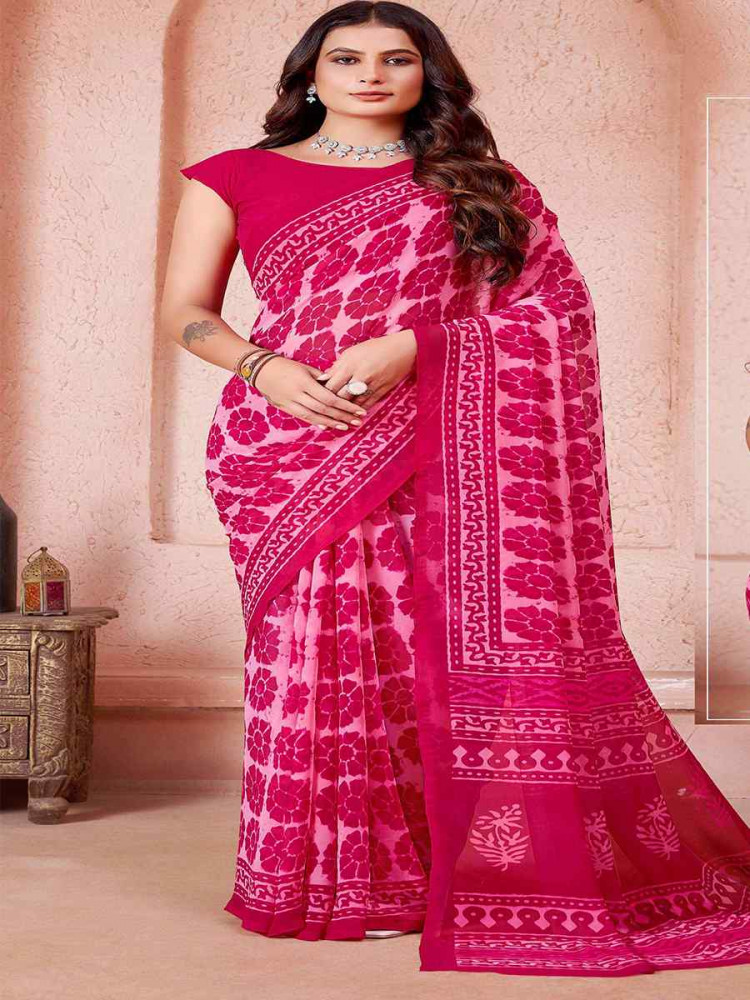 Pink Cotton Printed Festival Casual Contemporary Saree