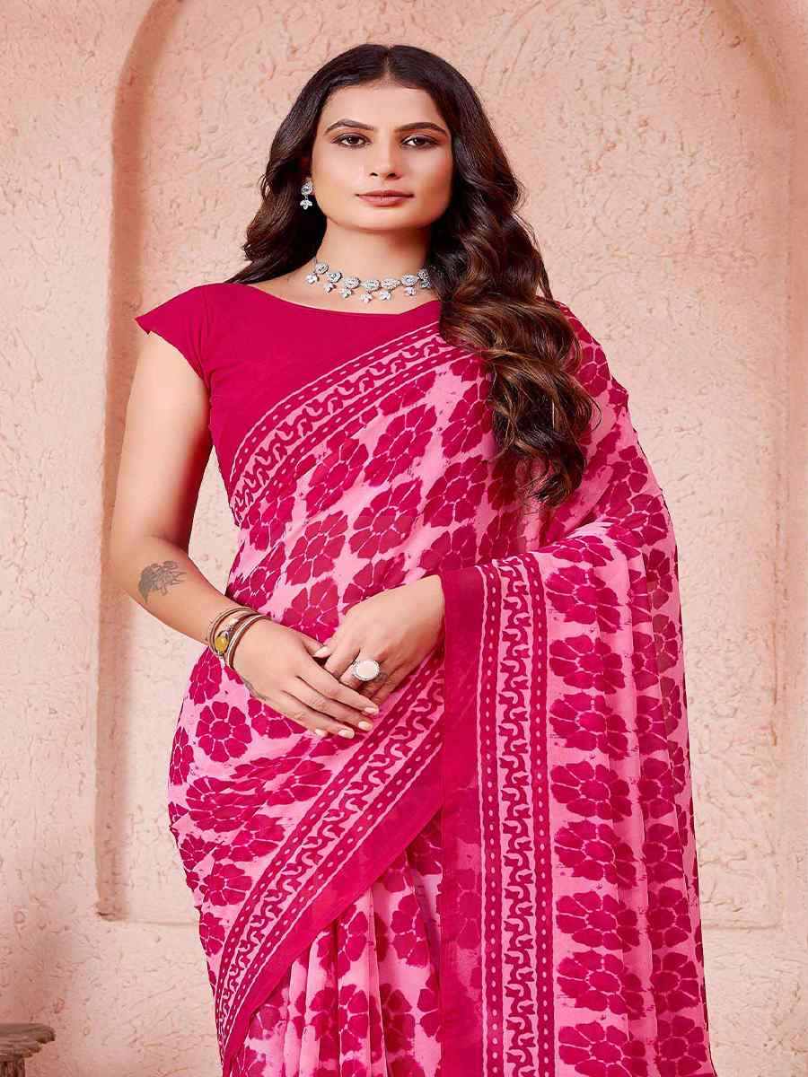 Pink Cotton Printed Festival Casual Contemporary Saree