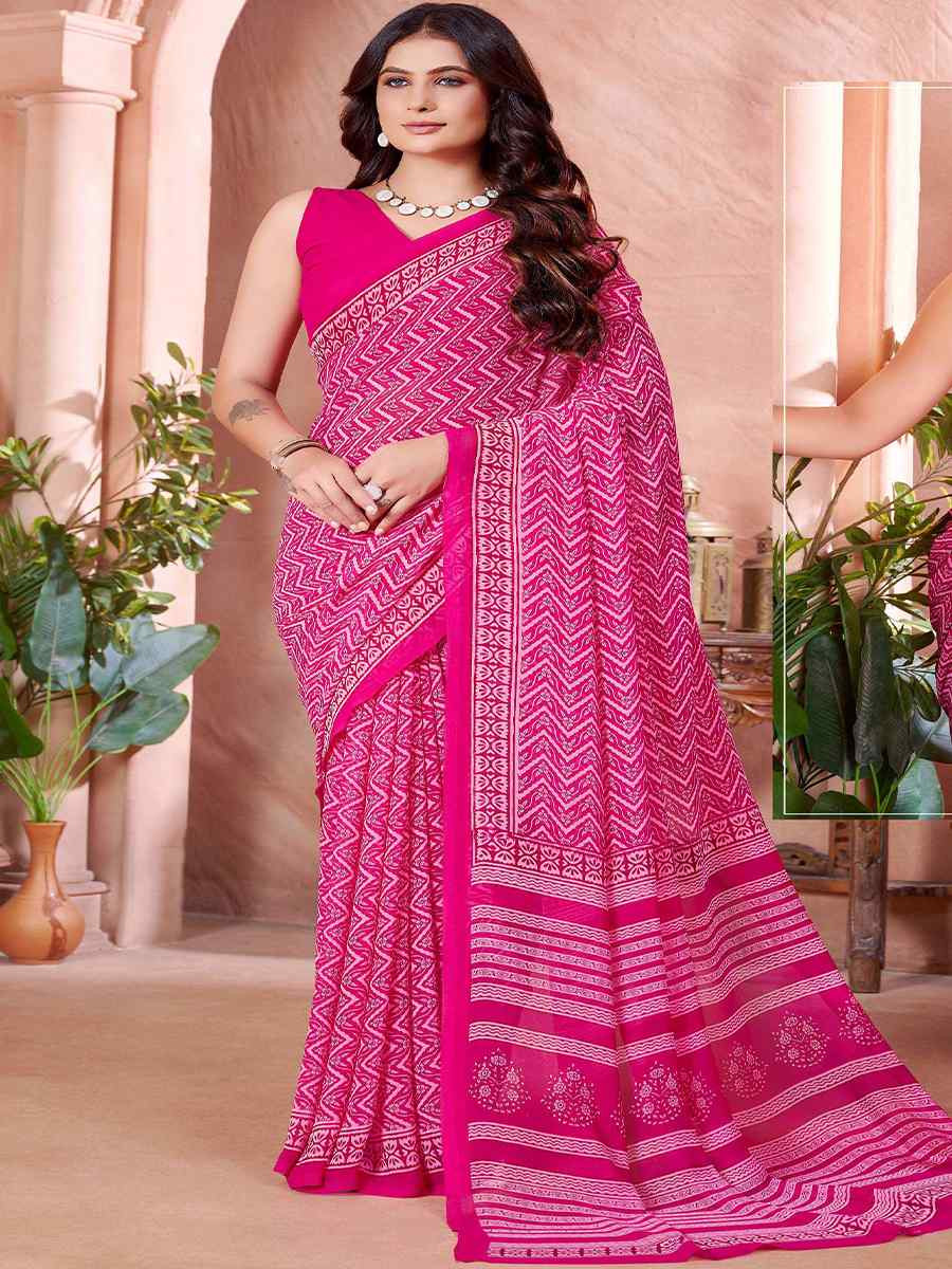 Pink Cotton Printed Festival Casual Contemporary Saree