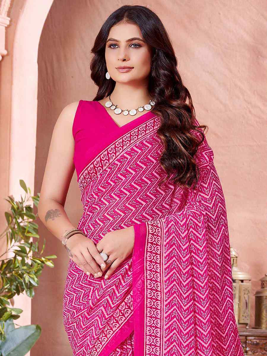 Pink Cotton Printed Festival Casual Contemporary Saree