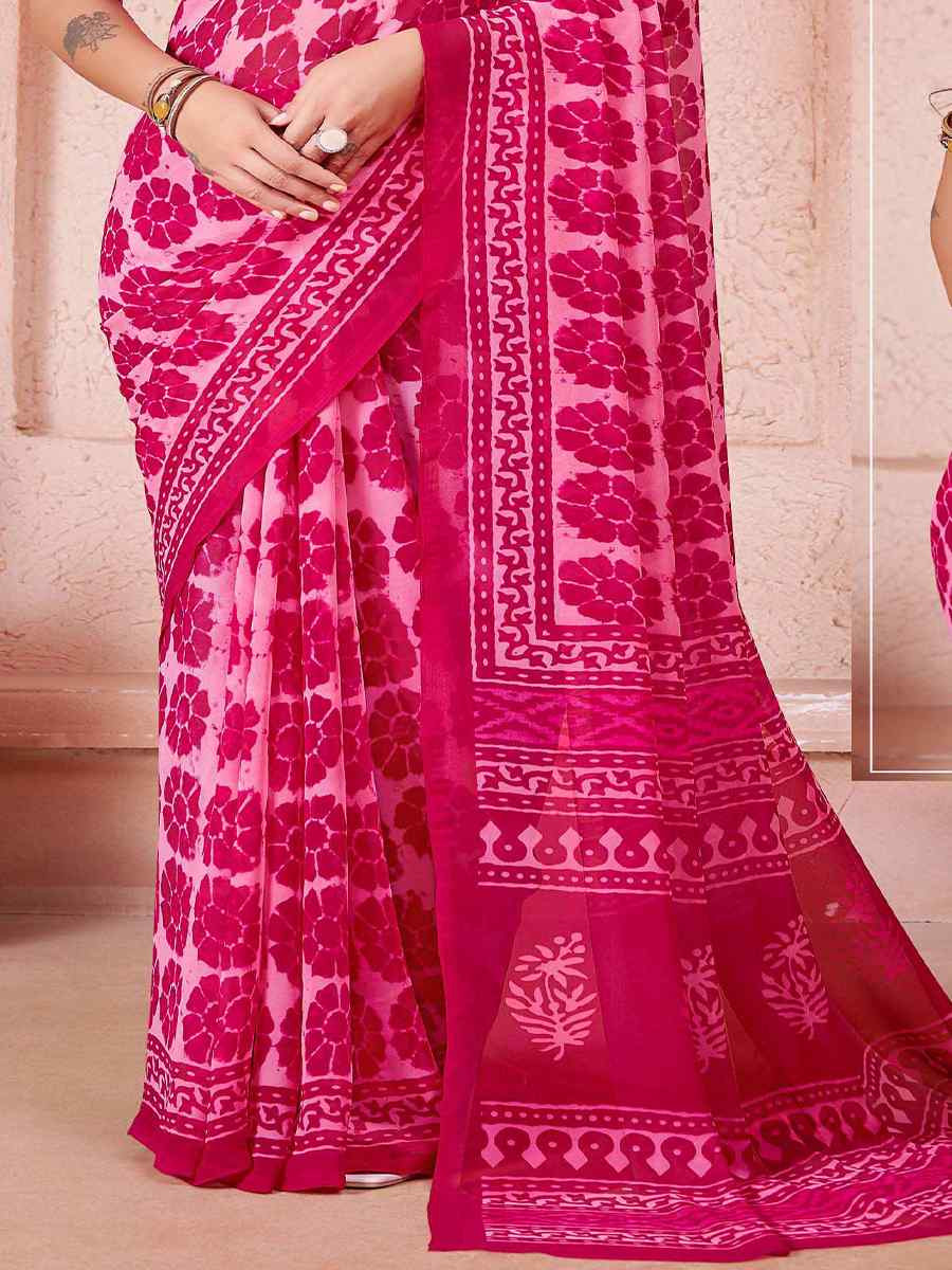 Pink Cotton Printed Festival Casual Contemporary Saree