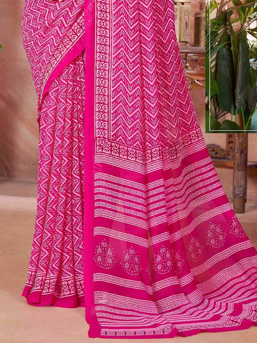 Pink Cotton Printed Festival Casual Contemporary Saree