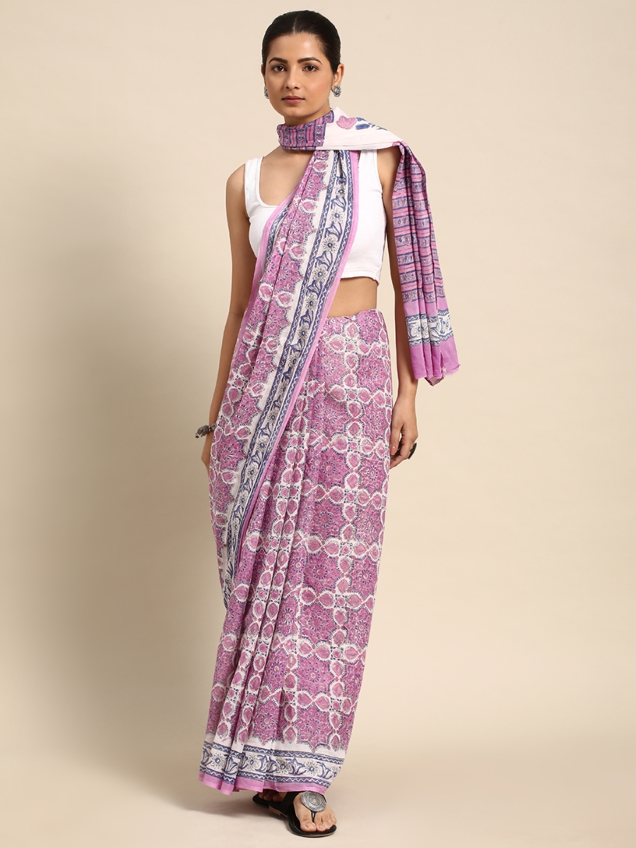 Pink Cotton Printed Festival Casual Contemporary Sarees