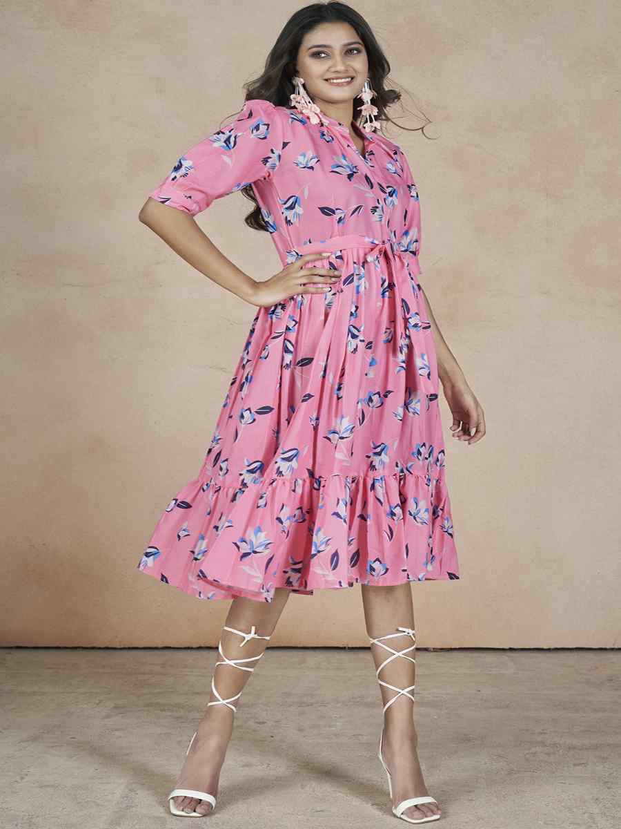 Pink Cotton Printed Festival Casual Gown