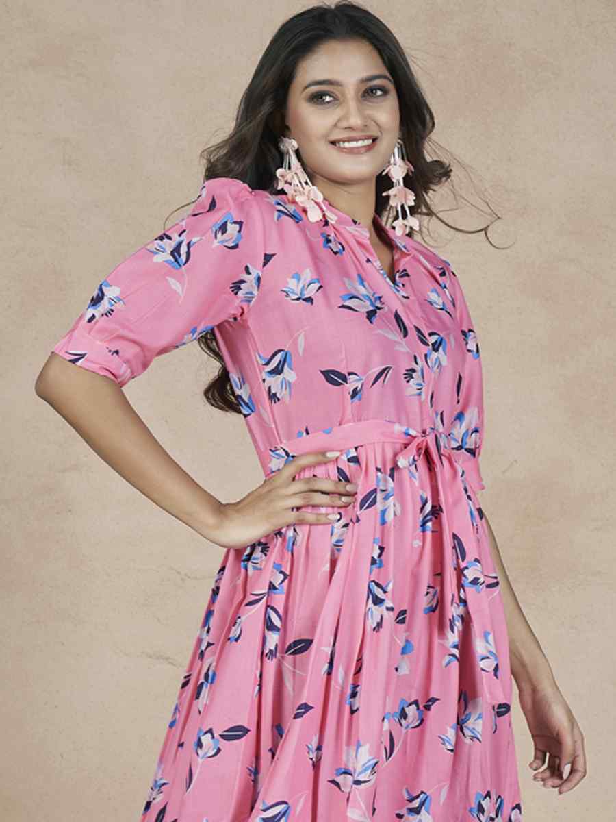 Pink Cotton Printed Festival Casual Gown