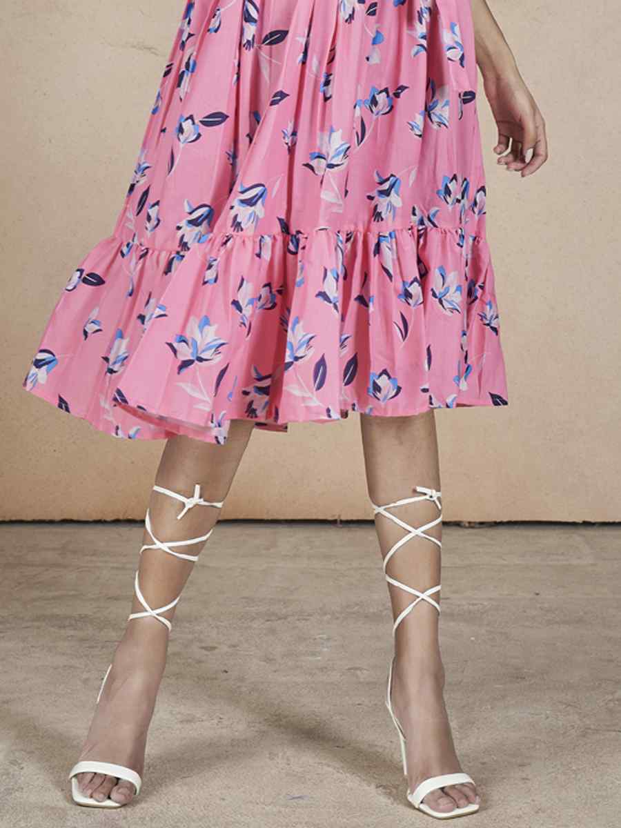 Pink Cotton Printed Festival Casual Gown