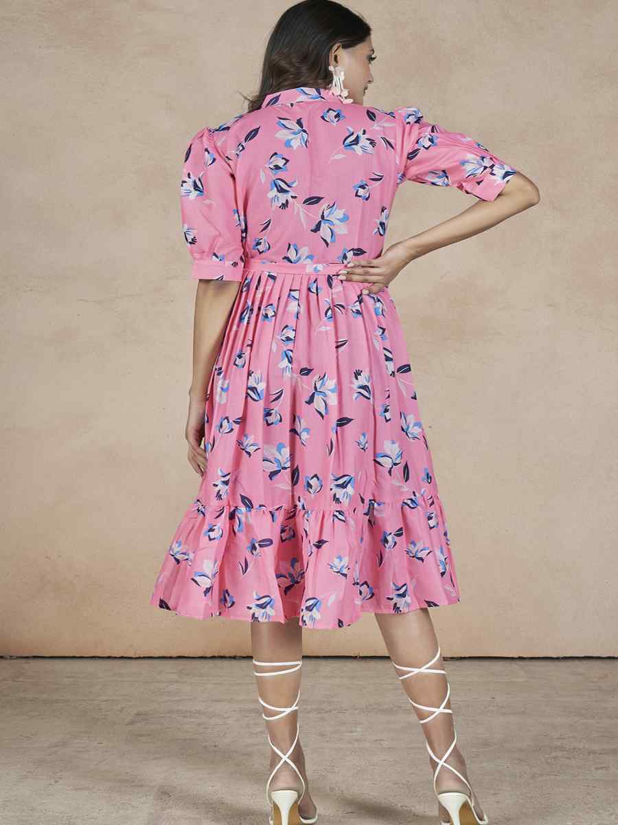 Pink Cotton Printed Festival Casual Gown