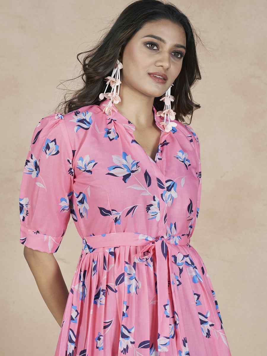 Pink Cotton Printed Festival Casual Gown