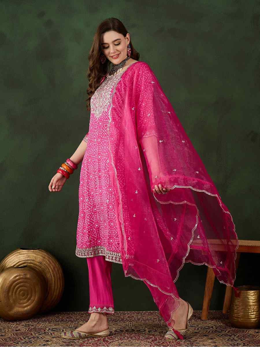 Pink Cotton Silk Embroidered Festival Casual Ready Pant Salwar Kameez