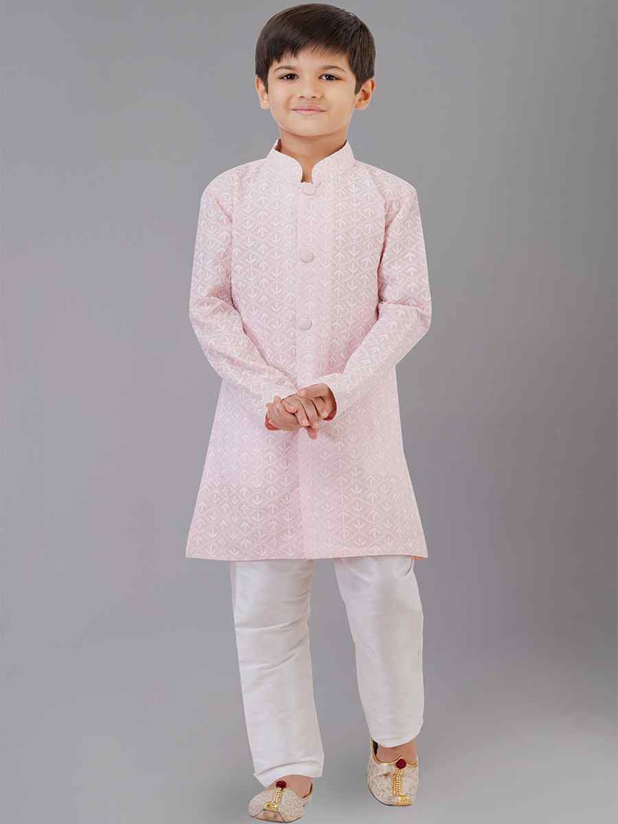 Pink Cotton Silk Embroidered Festival Traditional Kurta Pyjama Boys Wear