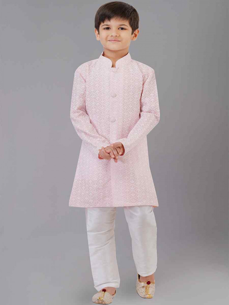 Pink Cotton Silk Embroidered Festival Traditional Kurta Pyjama Boys Wear