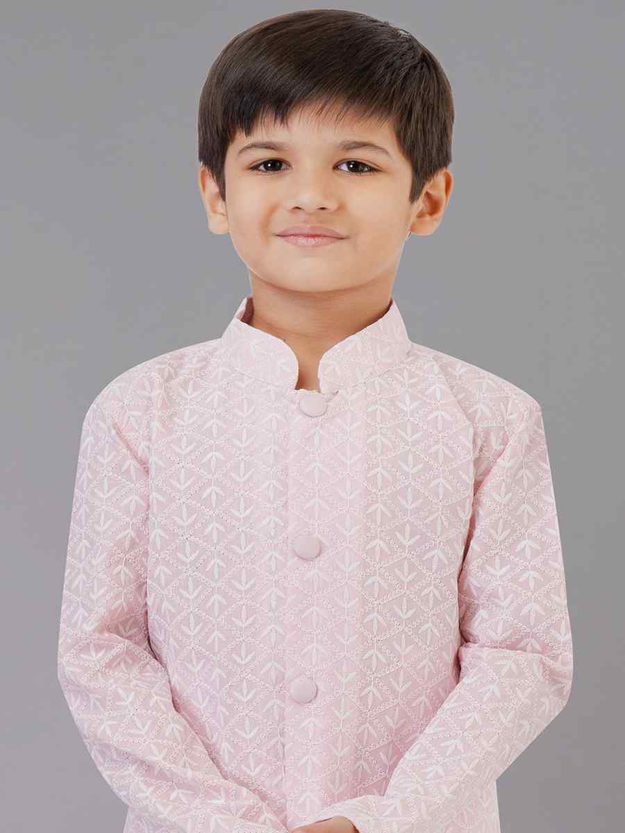 Pink Cotton Silk Embroidered Festival Traditional Kurta Pyjama Boys Wear