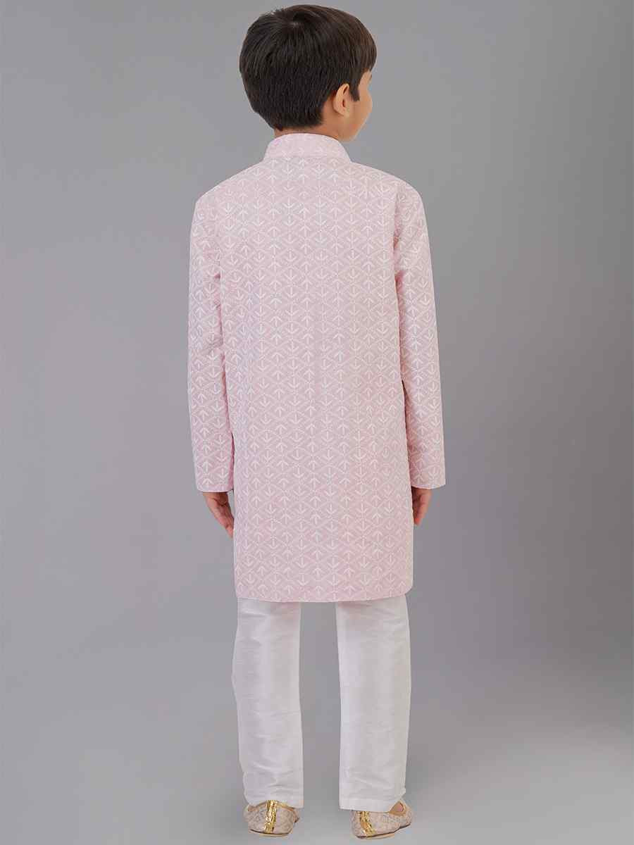 Pink Cotton Silk Embroidered Festival Traditional Kurta Pyjama Boys Wear