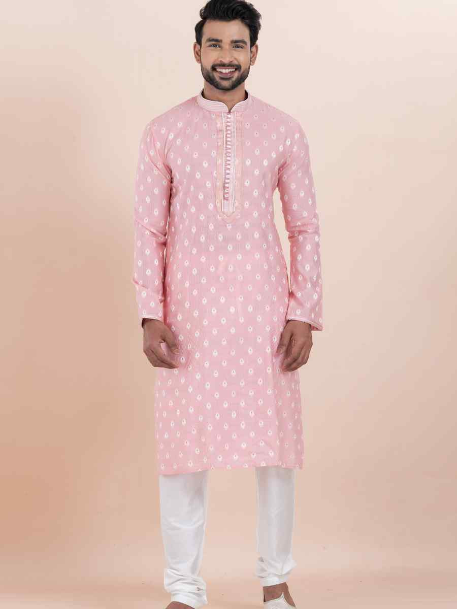 Pink Cotton Silk Jacquard Embroidered Festival Wedding Kurta Pyjama Men's Wear