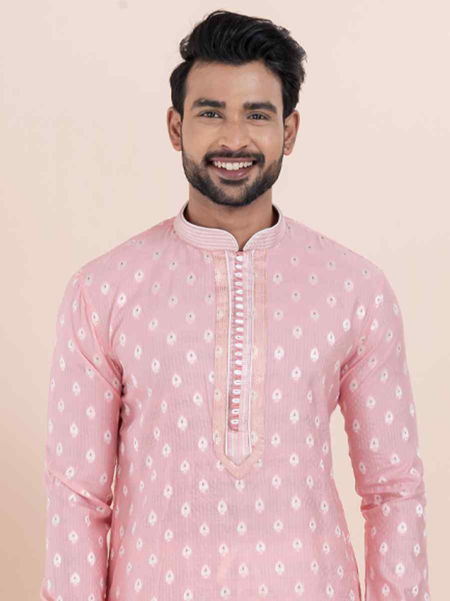 Pink Cotton Silk Jacquard Embroidered Festival Wedding Kurta Pyjama Men's Wear